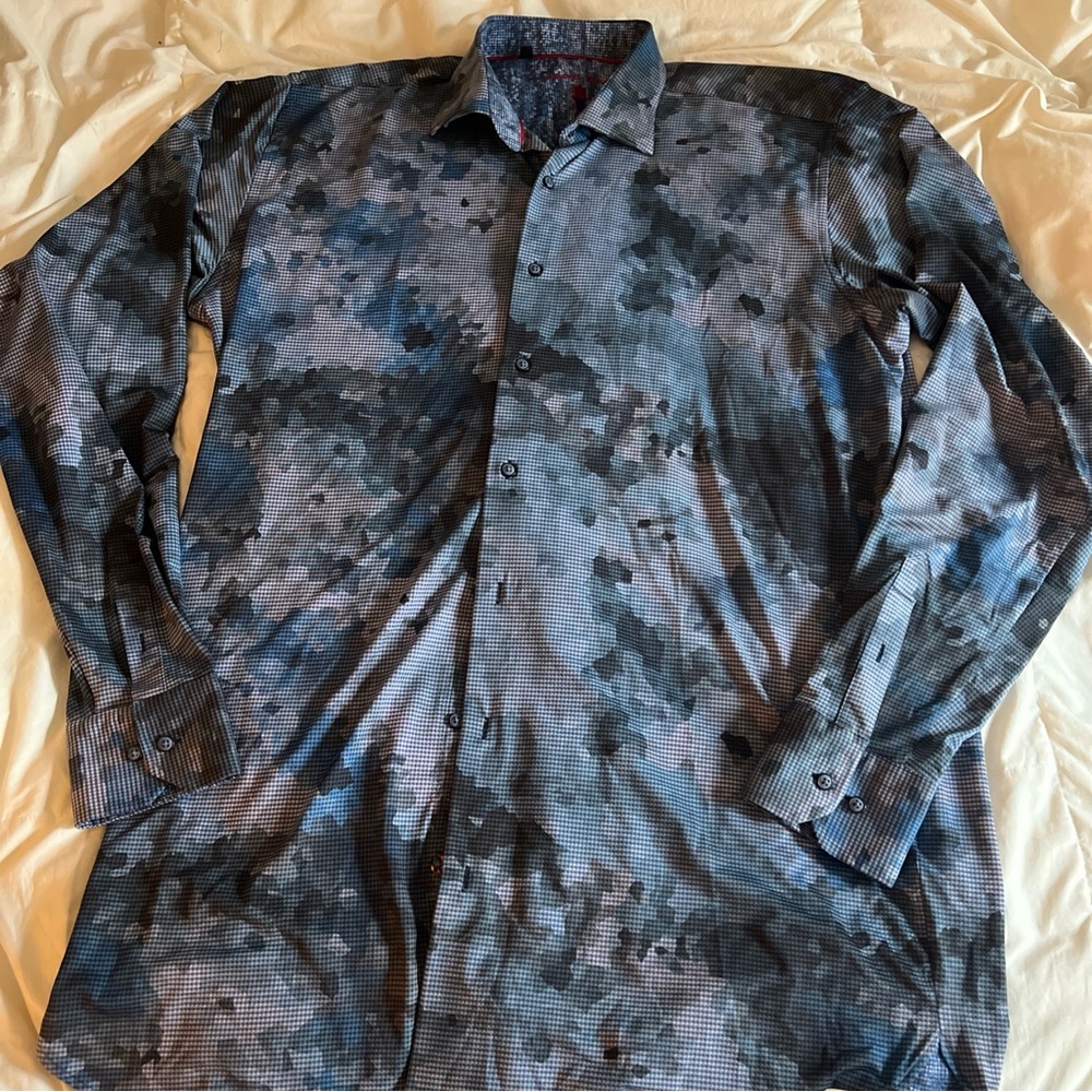 Luchiano Visconti, Blue, Purple, and Black Camouflage Casual Button Down Shirt
